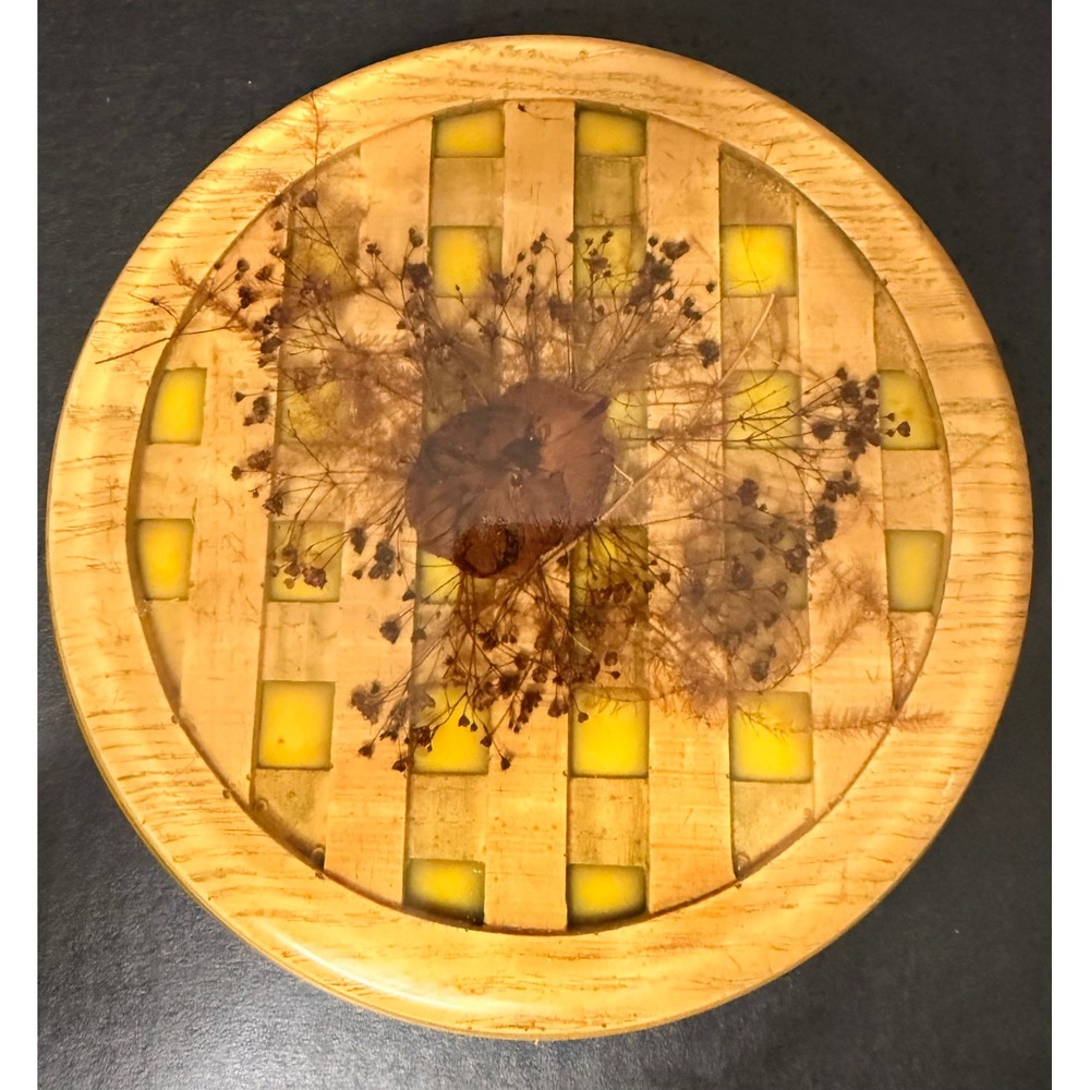 Vintage Resin Dried Flower Wood Trivet Yellow Botanical Hot Pad Cottagecore 8in